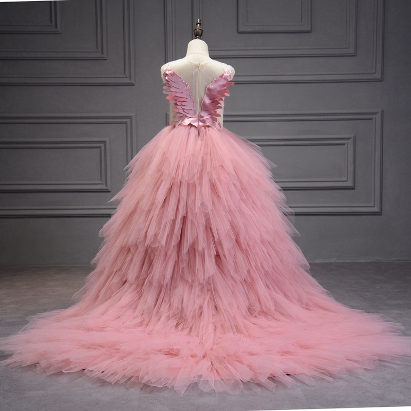 Elegant Swan Crystal Tulle Trailing Flower Girl Dress Evening Gown Kids Pageant Dress Birthday Party Feather Lace Princess Dress 220707