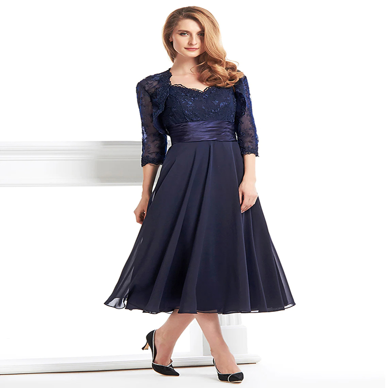 Navy Blue Mother of The Bride Dress With Lace Jacket Elegant Knee Length Chiffon Short Evening Party Dresses 2022 A Line Wedding Guest Wear Vestidos D