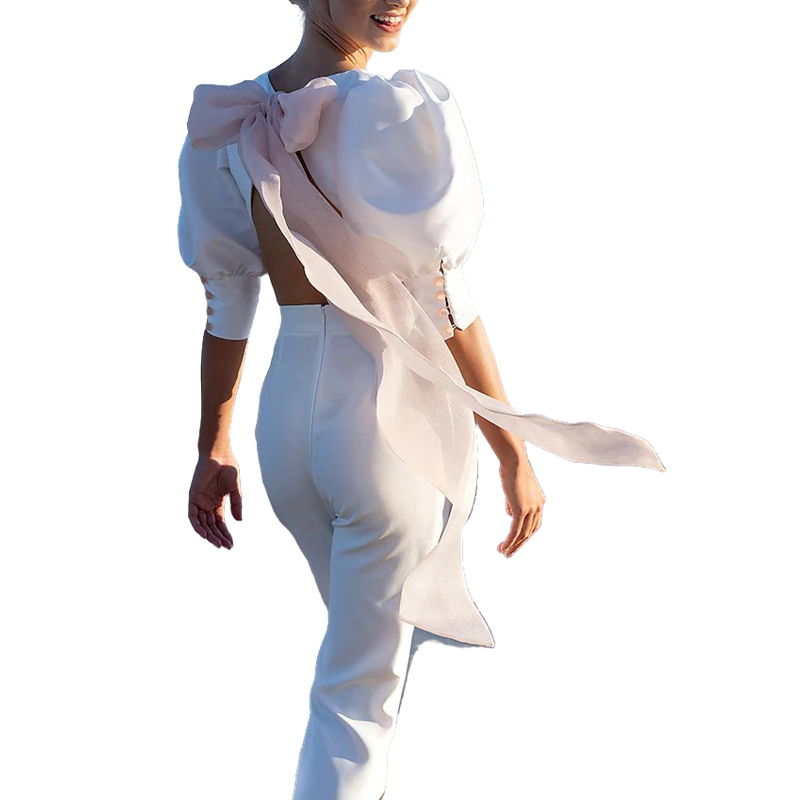 Elegant Two Pieces Wedding Dress Pants Suit Beach Wedding Dresses With Button Puff Short Sleeve Simples Sexy Open Back Bridal Reception Gowns