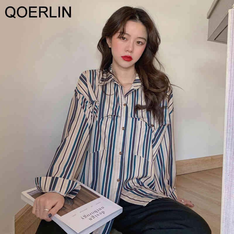 QOERLIN Striped Long Sleeve Turn Down Collar Elegant Plus Size Women Blouse Streetwear Oversize Shirts Big Size Blusa Feminine 210412