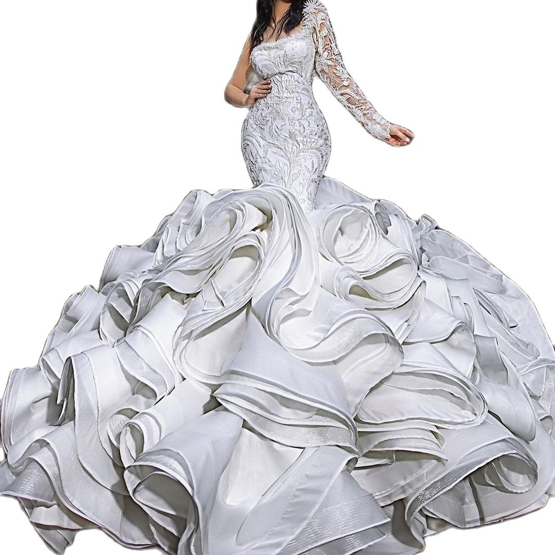 Vintage One Shoulder Mermaid Wedding Dresses Ruffle Tiered Long Train Bridal Gowns Custom Made Plus Size Lace Formal Dress Robe De Soiree