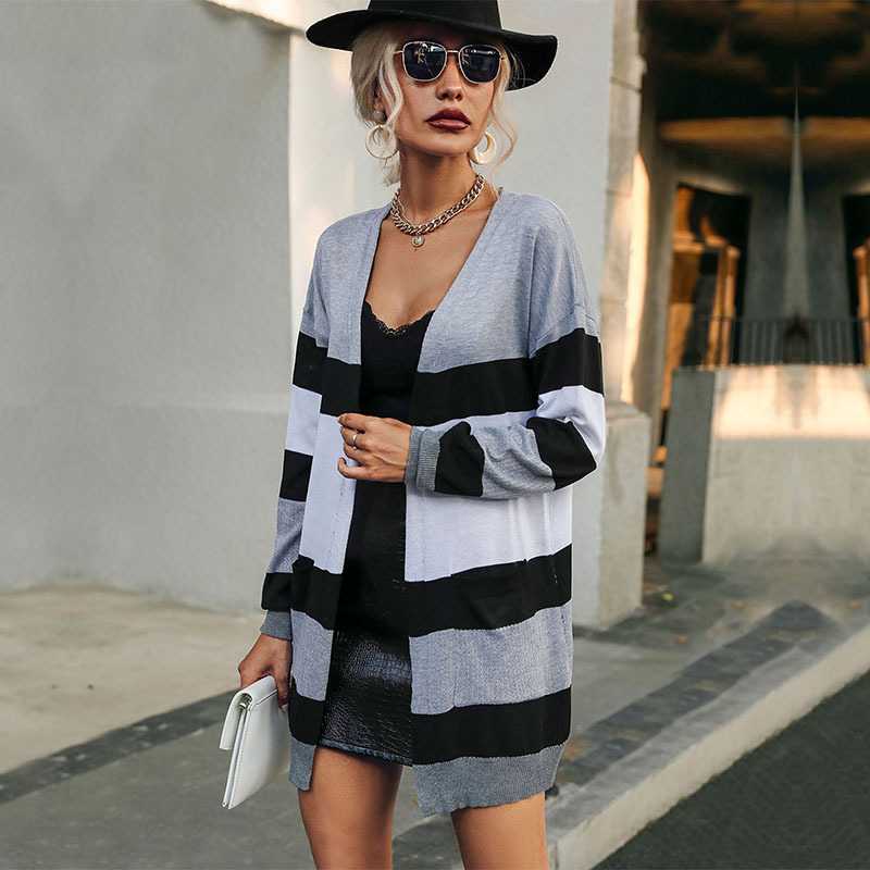 2022 new European and American autumn long-sleeved striped mid-length sweater cardigan coat, Black
2022 new European and American autumn long-sleeved striped mid-length sweater cardigan coat, Black