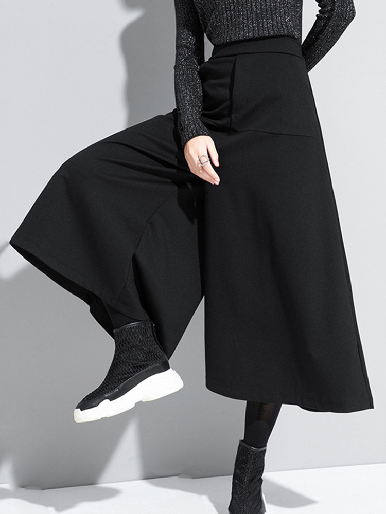 [EAM] High Elastic Waist Black Brief Long Wide Leg Trousers Loose Fit Pant Fashion Spring Autumn 1DA610 220325