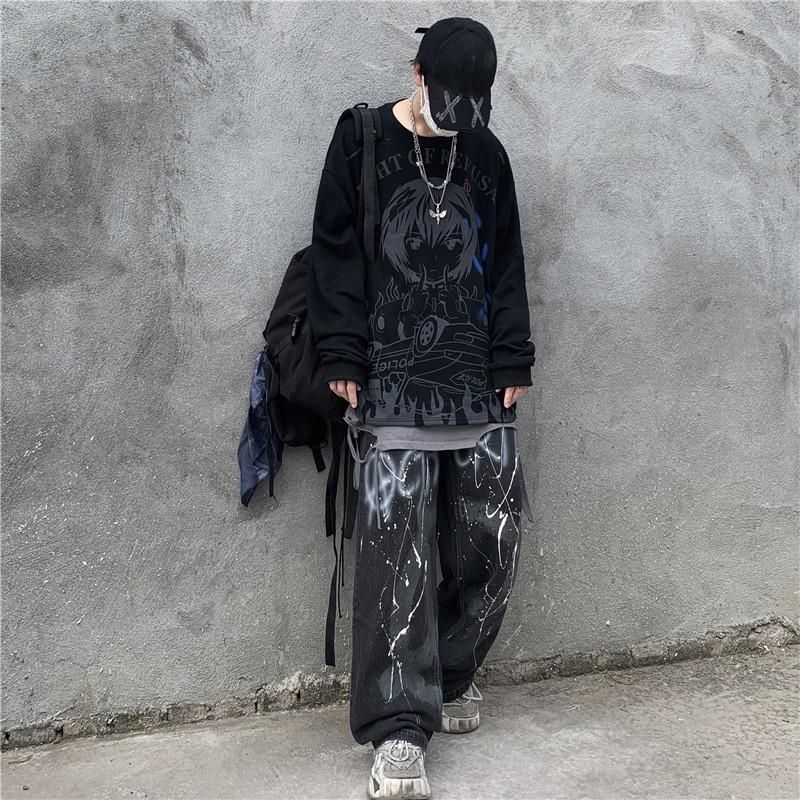 T-shirt Men And Women Retro High Street Dark School Students Secondary Anime Printing Hip Hop Long Sleeve Harajuku 220321