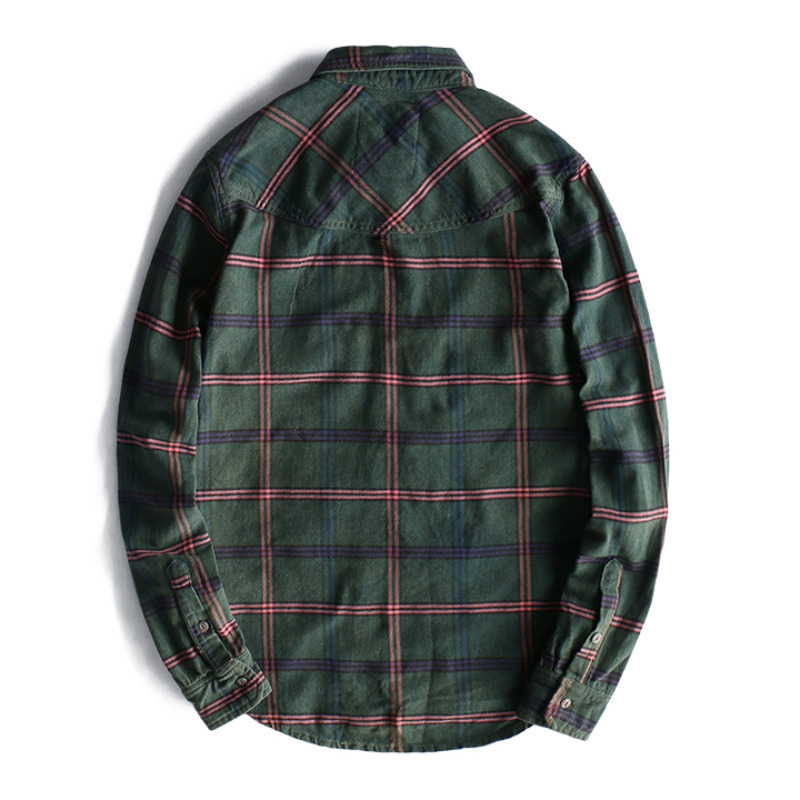 Trendy Men 's Top Workwear Plaid Washed Distressed Lapel Versatile Long Sleeve Shirt 220322