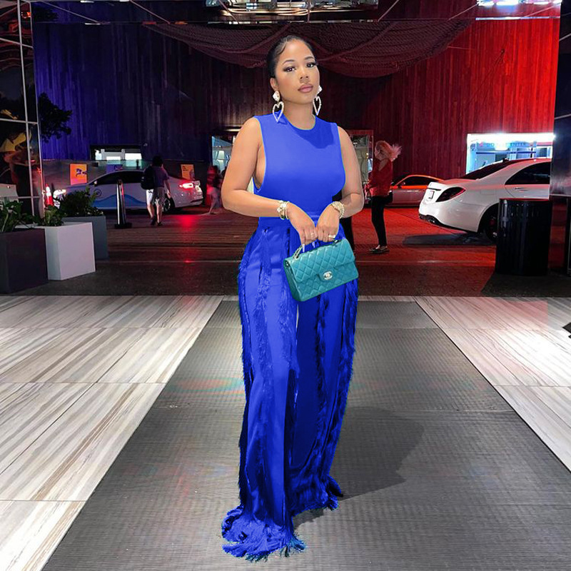 est Charming Women Party Sets Fashion Tassels Wide Leg Pants Two Pieces Suits Sexy Sleeveless Skinny Tops Clubwear 220602