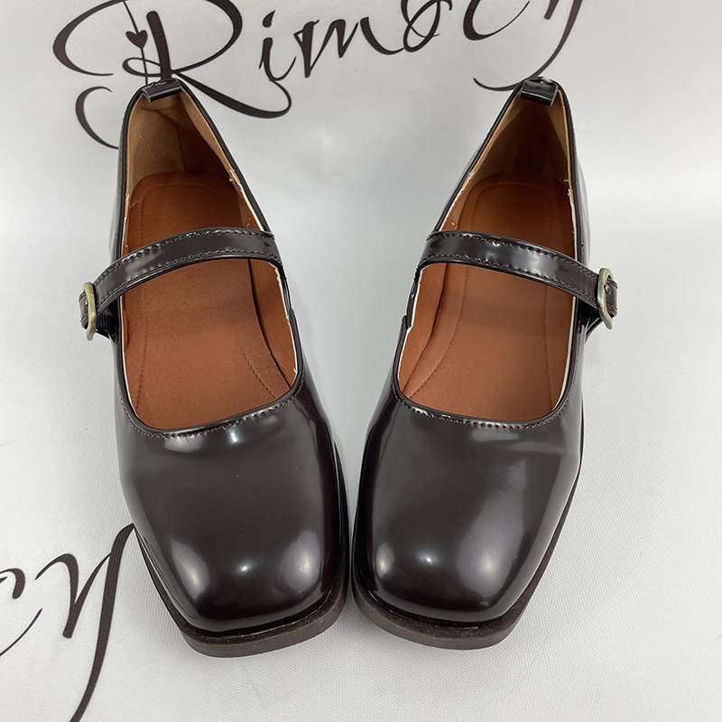 Rimocy Vintage Square Toe Patent Leather Shoes Women Ankle Strap Low Heel Mary Jane Shoes Woman Dark Brown Shallow Pumps 220402