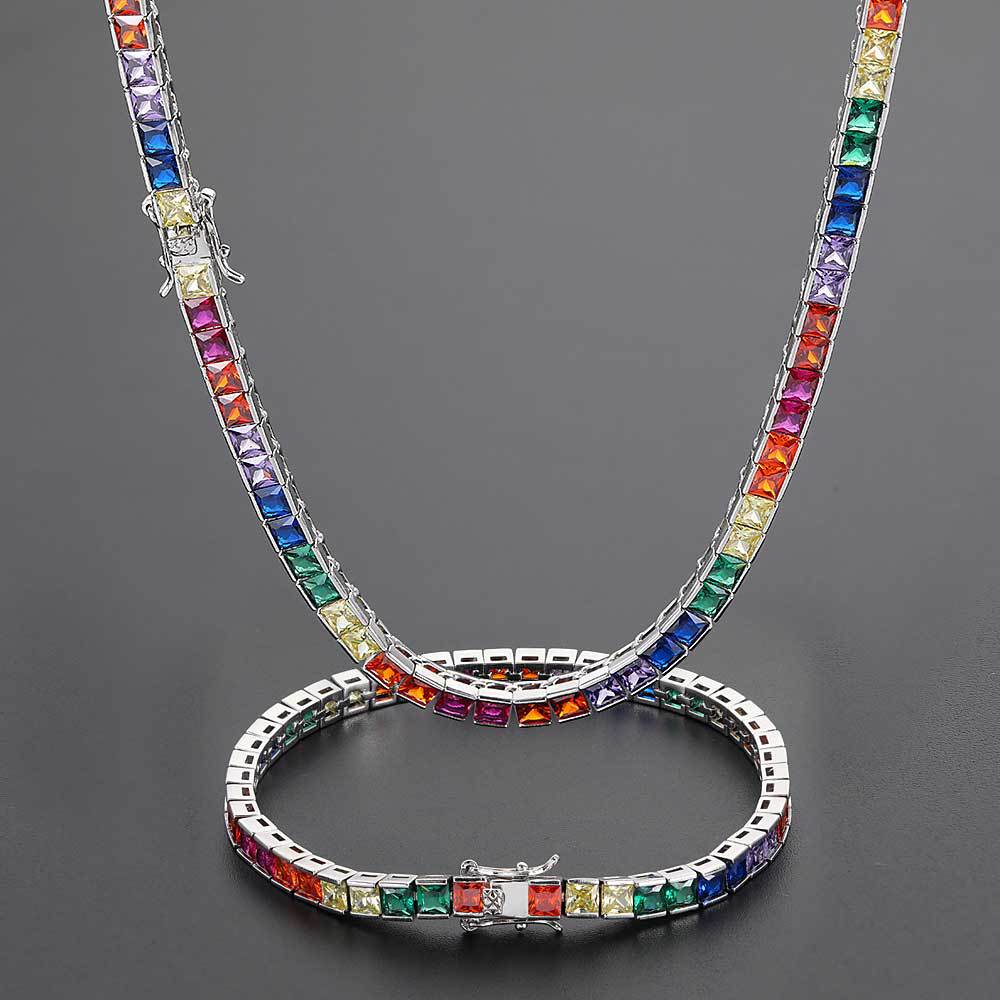 Simple hip-hop Necklace jewelry 4mm color tennis chain copper inlaid color square zircon hipster bracelet