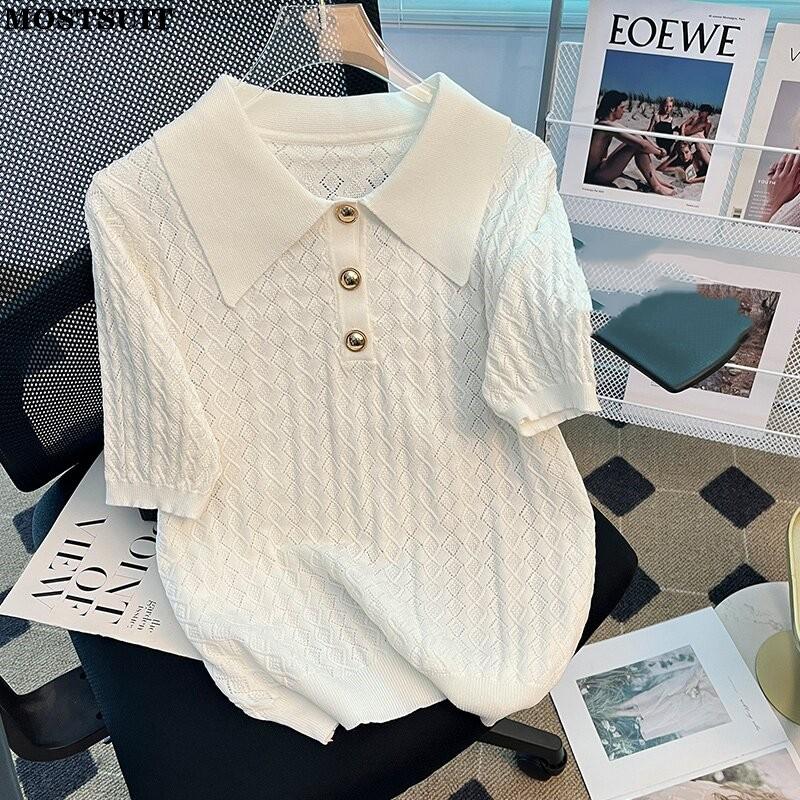 Women's Sweaters Summer White Plaid Knitted Pullover Sweater For Women Casual Loose Workwear Tops Short Sleeve Turn-down Collar Ladies TopWo
Women's Sweaters Summer White Plaid Knitted Pullover Sweater For Women Casual Loose Workwear Tops Short Sleeve Turn-down Collar Ladies TopWo