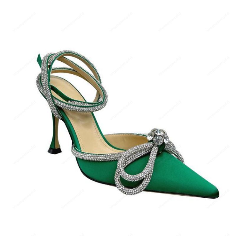 

Luxury Designer high heeled sandals womens mach Satin Bow Dress shoes Crystal Embellished rhinestone stiletto Green Heel ankle strap Evening shoe top quality, Only a shoe box