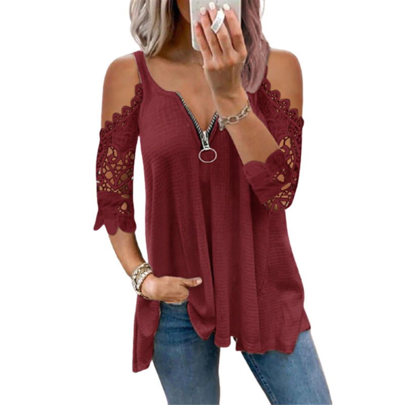 Summer Fashion Solid Color Casual Top Women's Sexy Low-Cut V-Neck Zipper Stitching Lace Mid-Sleeve Plus Size T-Shirt Women 220321