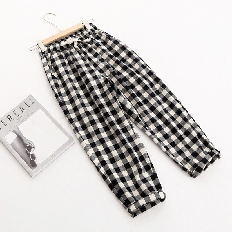 Spring Summer Plaid Pant's Harem s Drawstring Waist Large Size Casual Loose Cotton Linen Trouser 220325