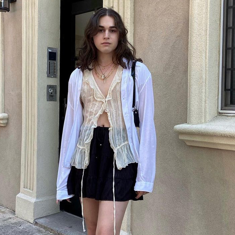 HEYounGIRL Mesh Transparent Short Sleeve T-shirt Ladies Summer See Through V Neck Ruffles Tee Shirt Women Drawstring T 220321