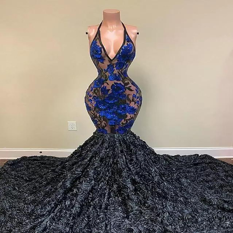 Black Girls Rose Florals Prom Dresses 2022 Sexy V Neck Mermaid Royal Blue Flowers Evening Gowns South African Long Formal Wear Robes De Soirée 2022 Ve