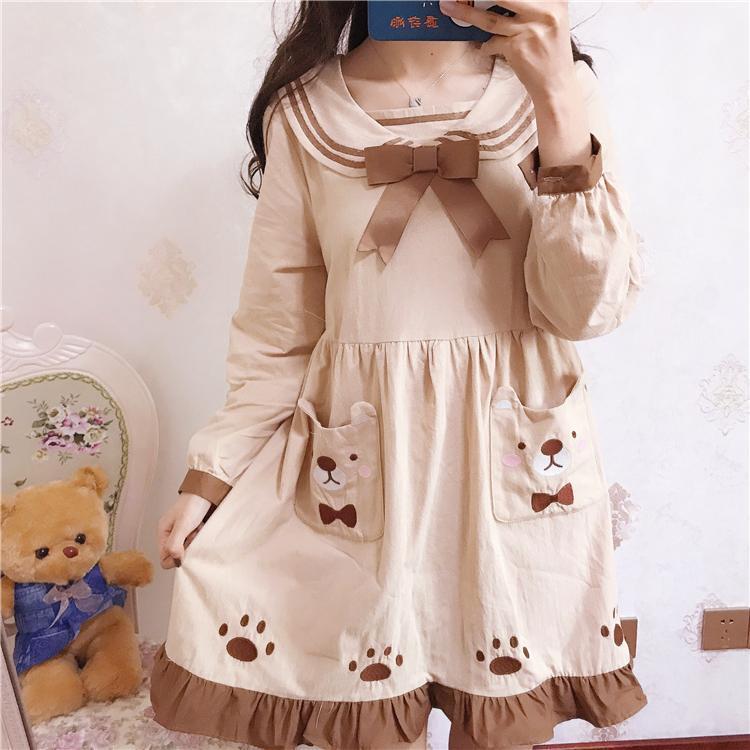 Casual Dresses Japanese Sweet Lolita Dress Cute Embroidery Bear Pocket Bowknot Loose Victorian Kawaii Girl Gothic Op Loli Cosplay, Khaki
Casual Dresses Japanese Sweet Lolita Dress Cute Embroidery Bear Pocket Bowknot Loose Victorian Kawaii Girl Gothic Op Loli Cosplay, Khaki