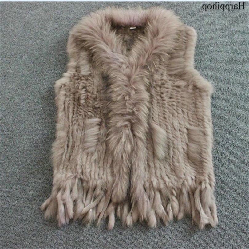 Harppihop womens natural real vest with raccoon fur collar waistcoatjackets rex rabbit knitted winte T200506
