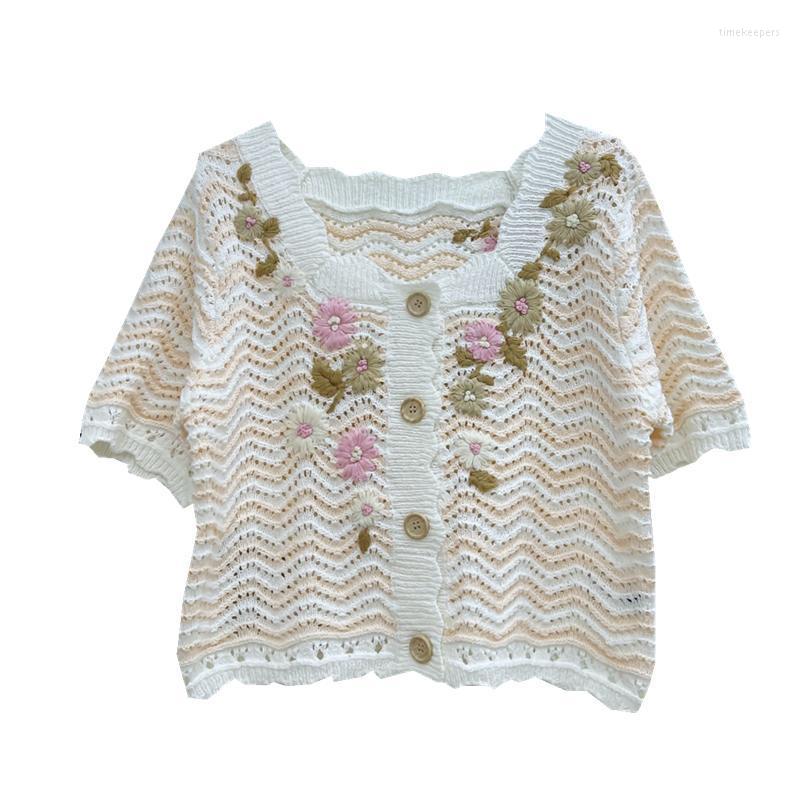 Women' Knits & Tees Summer Sweet Square Collar Embroidered Flower Striped Short-Sleeved Knitted Cardigan Loose Top Thin Sweater Time22, White
Women' Knits & Tees Summer Sweet Square Collar Embroidered Flower Striped Short-Sleeved Knitted Cardigan Loose Top Thin Sweater Time22, White