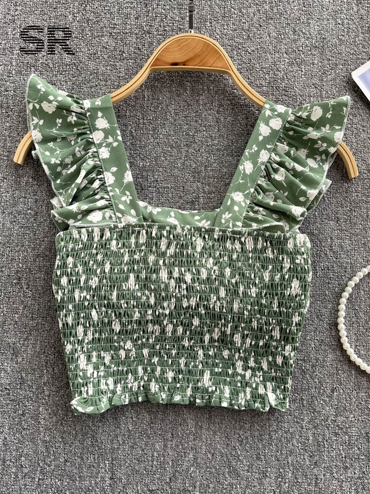 SINGREINY Summer Floral Strap Tops Women Square Neck Bow Ruffles Short Camisole Fashion Korean Flower Ladies Elastic Waist Top 220325