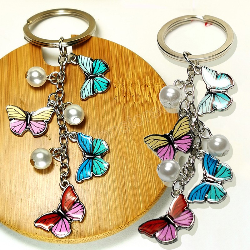 Trendy Colorful Butterfly Keychain with Pearl Key Chains Keyring for Women Bag Charms Accessories Jewelry Gifts