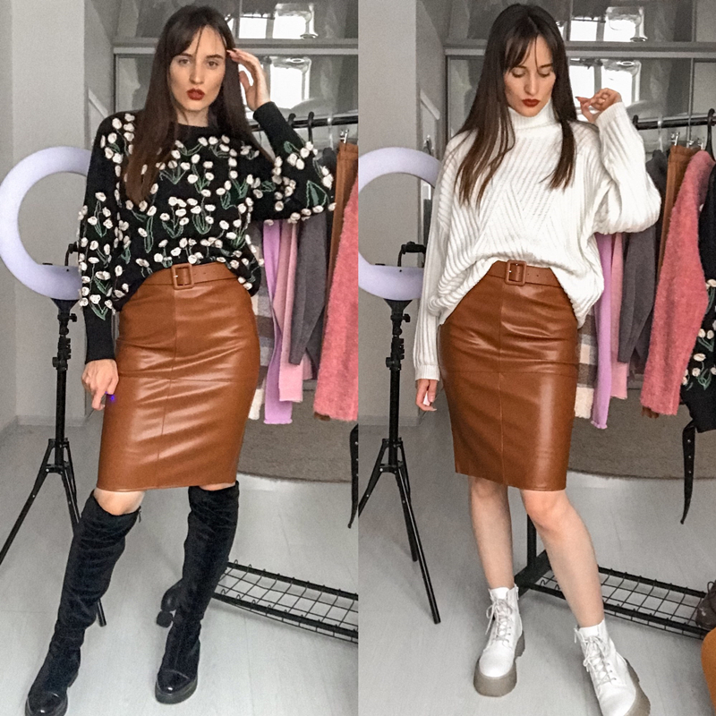 REALEFT PU Leather Wrap Midi Skirts with Belt Spring Autumn Women High Waist OL Style Pencil Back Split Female 220317