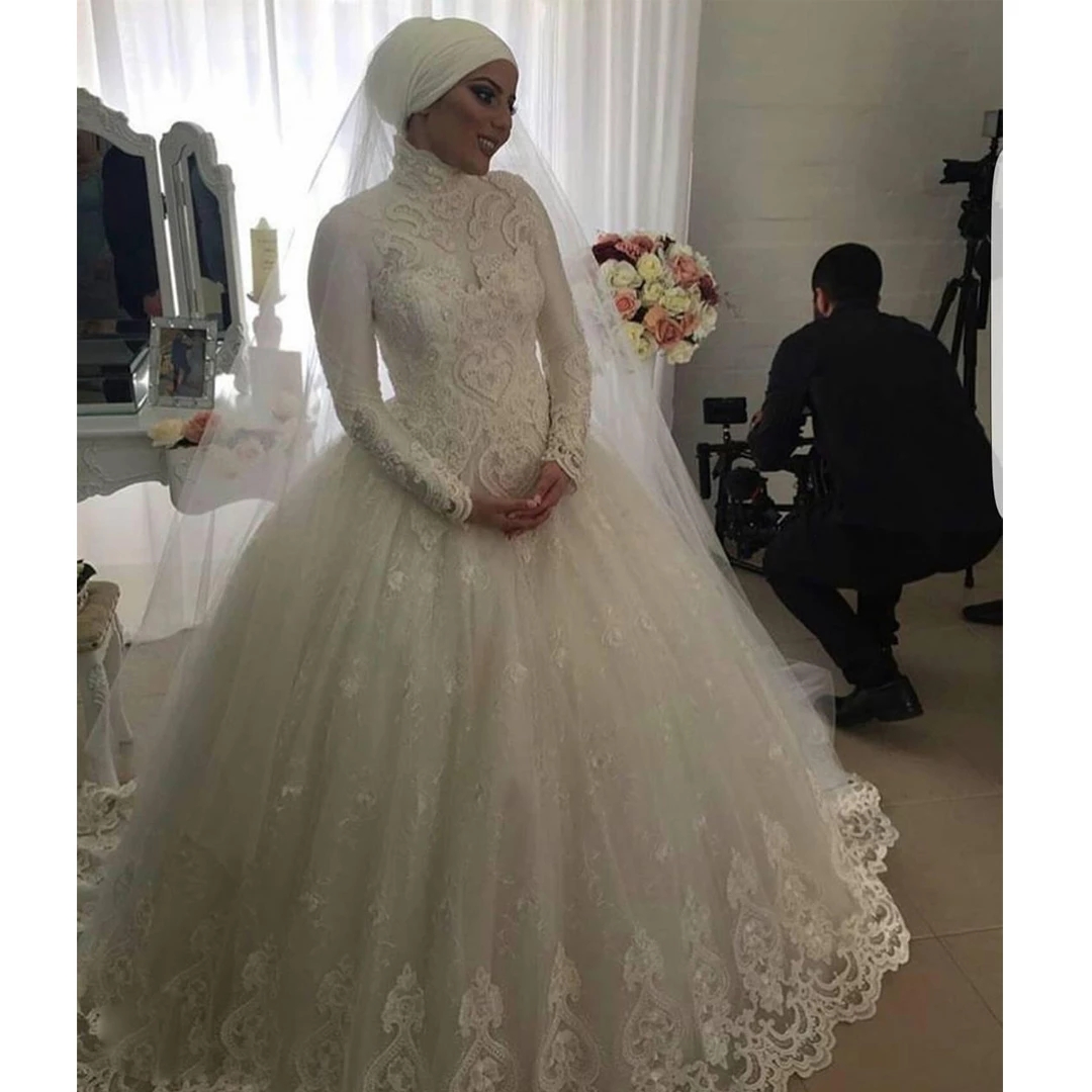 Ball Lace Classic ral Wedding Dresses Pear Saudi Arabia Dubai Bridal Gown Long Sleeve Princess Kafan Vestidos Novia