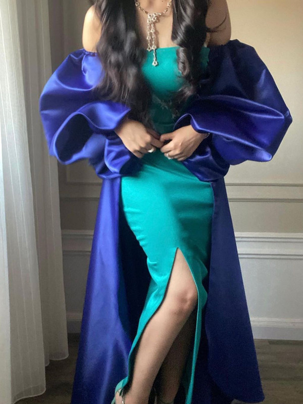Elegant Hunter Sheath Prom Dresses With Royal Blue Wrap Cap Side Split Strapless Off Shoulder Long Sleeve Formal Evening Gowns Color Match Satin Party