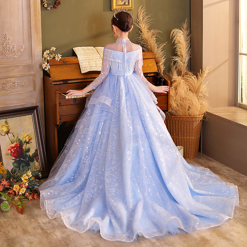 Vintage Flower Girls Dresses Sheer Neck Long Sleeve Hand Made Pageant Flowers Kids Formal Wear Hi Lo Satin Girl Dress for Wedding