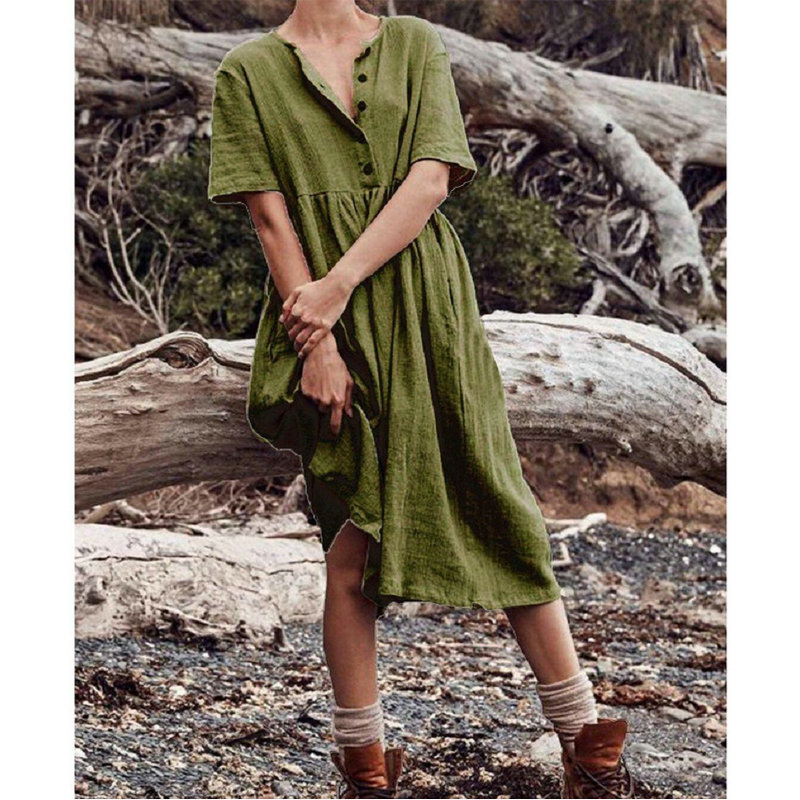 Summer Cotton Linen Midi Dress for Women Plunging Neckline Short Sleeve Long Dresses with Pocket High-Waisted Elegant Skirt