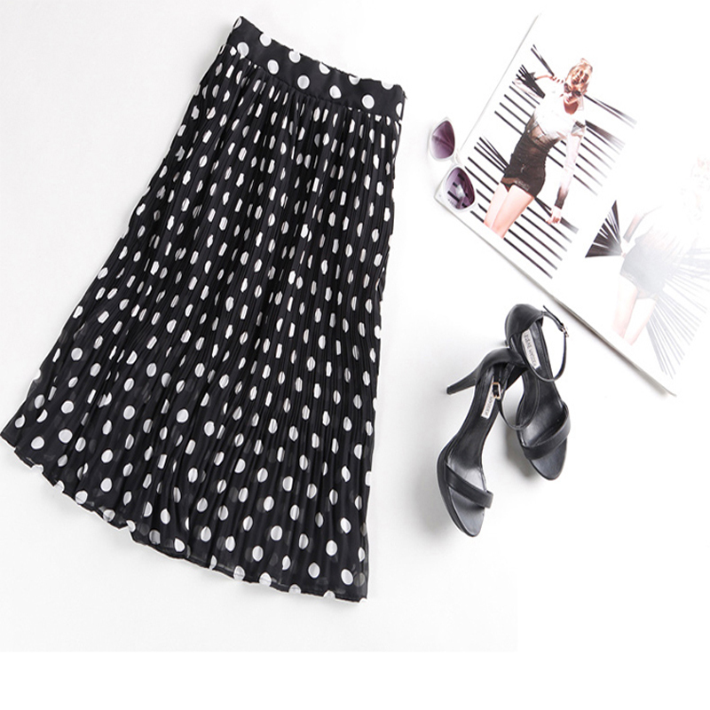 Women's Black White Tulle Polka Dot Chiffon Pleated Summer Skirts Casual Vintage Korean Midi Flared For Ladies Elastic Elegant 220317