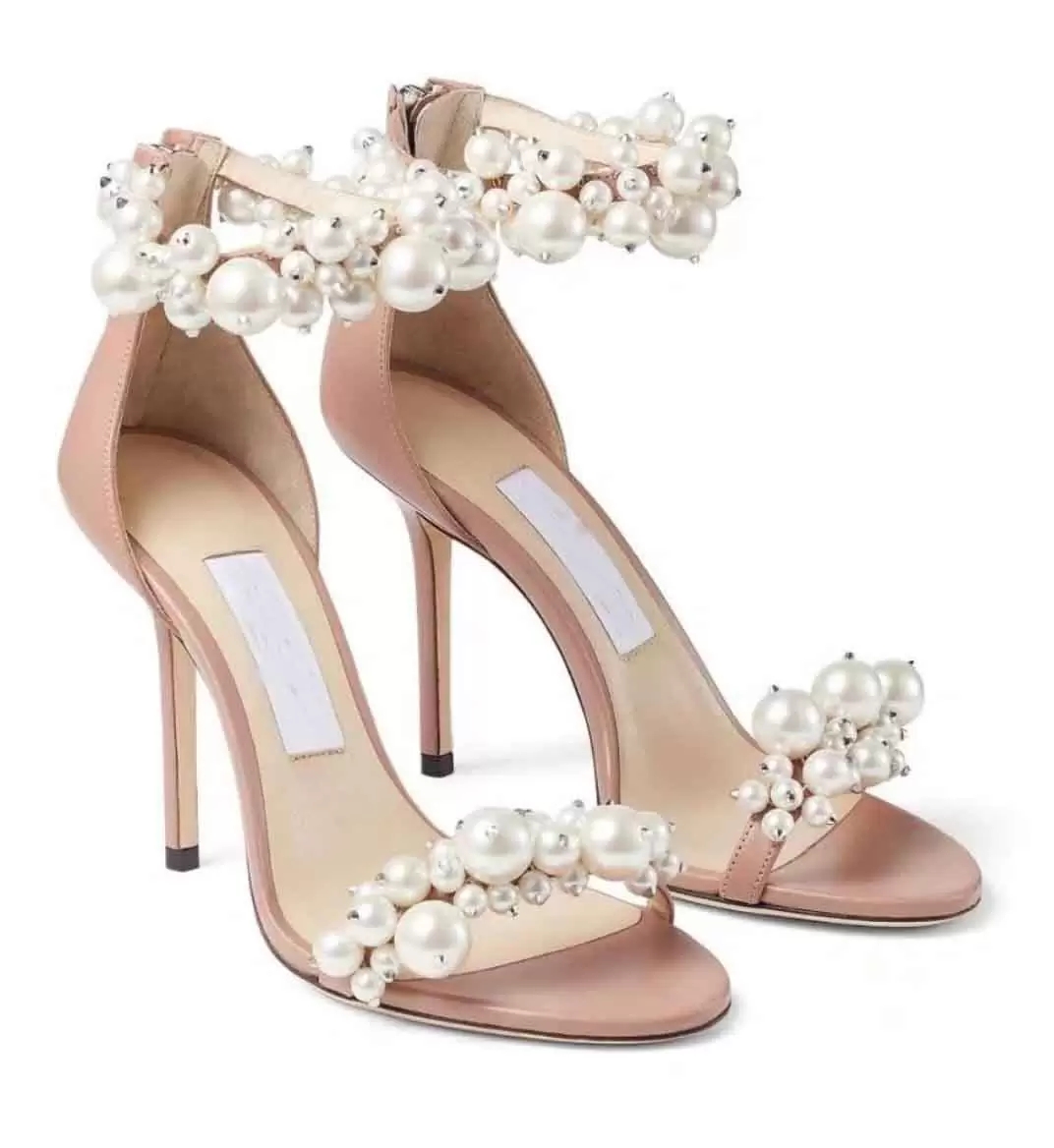 Bridal Wedding Maisel White Pearl Embellished Sandals Shoes Women Ankle Strap High Heels Lady Gladiator Sandalias EU35-42 With BOX