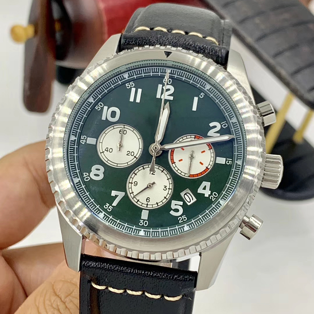 High Quality Aviator 8 Curtiss Quartz Chronograph Mens Watches 46MM Silver Case Green Dial Luminous Wristwatches With Black Leathe