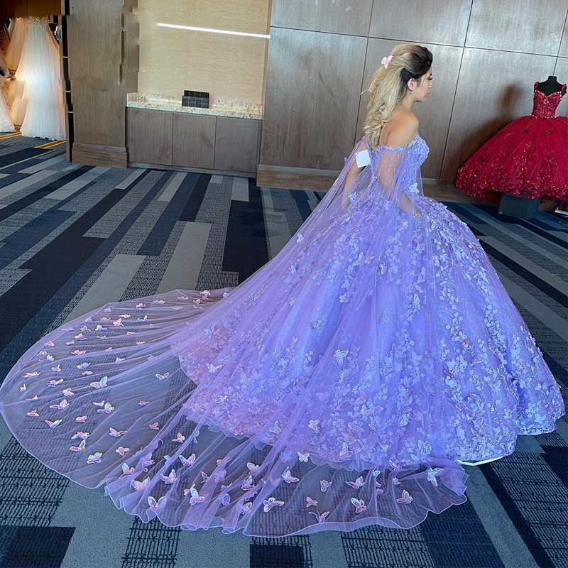 Amazing Lace Butterfly Quinceanera Dresses Off the Shoulder Sweet 15 Gowns with Cape Pocket Glitter Ball Gown Teens Girls Birthday Party Dress