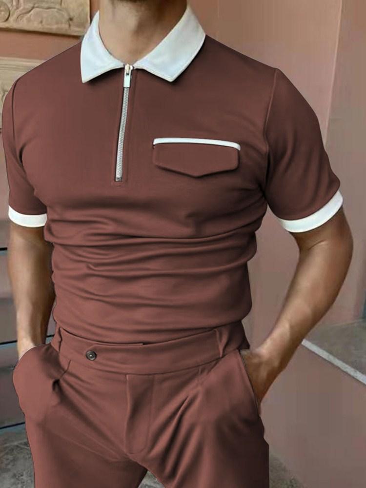CNLONGBIDA Mens Polos 2024 Men Shirts Summer High Quality Casual Fashion Short Sleeve Striped S Mens Turn-Down Collar Zippers TEES