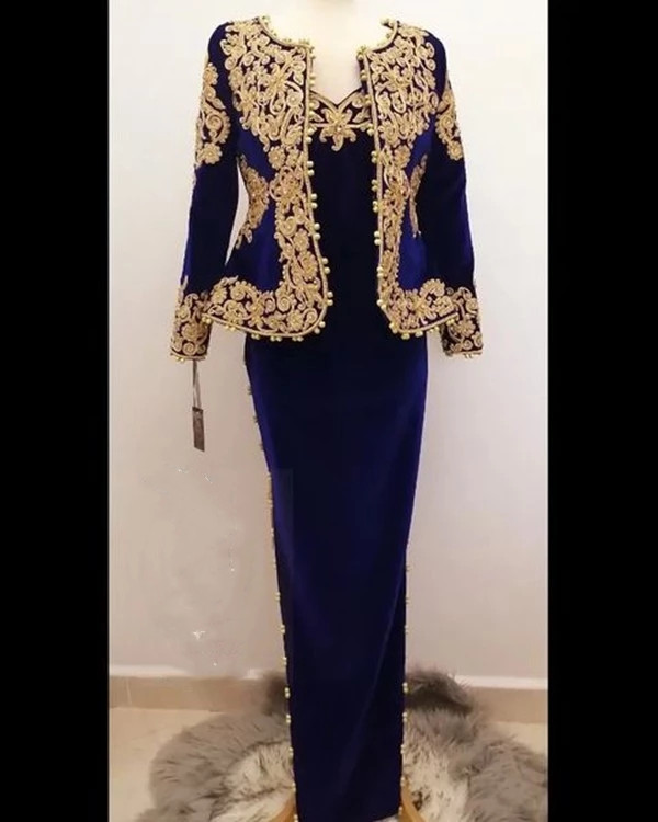 Vintage Royal Blue Velvet Prom Formal Dresses with Long Sleeve Jacket 2022 Gold Lace Karakou Algerien Outfit Evening Occasion Gown
