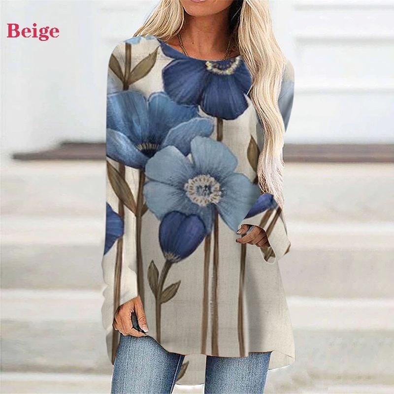 Women Flowers Printed Casual Round Neck Long Sleeves Plus Size Cotton Tunic Loose TShirt Pullover 8XL 220321Z
