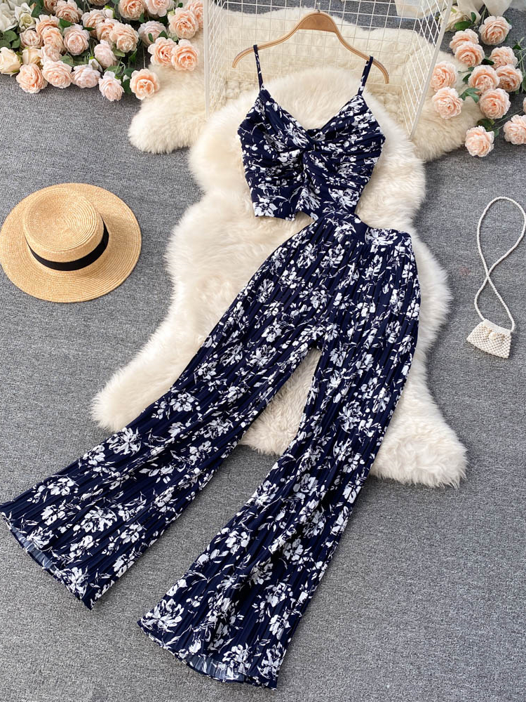 Women Summer Casual Pants Suit 2 Piece Set Female Floral Print Sleeveless Top & Wide Leg Fashion Outfit 220509