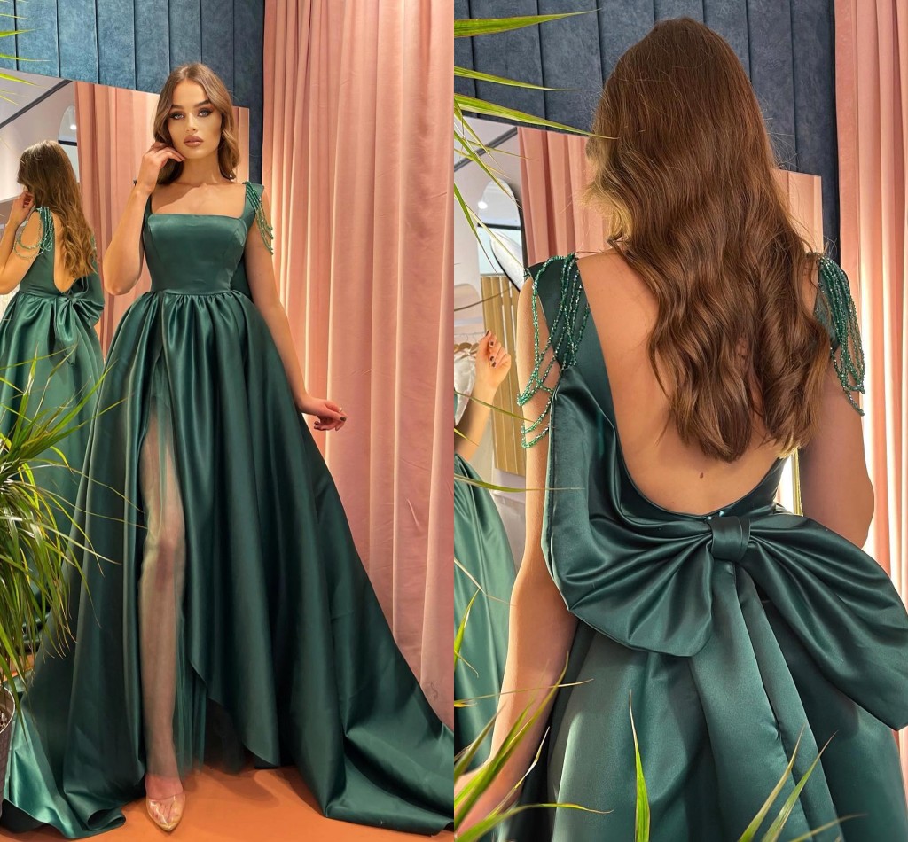 Emerald Green Mermaid Split Evening Dresses Sexy Open Back With Big Bow Scoop Neckline Arabic Party Celebrity Gowns Prom Wears BC12760