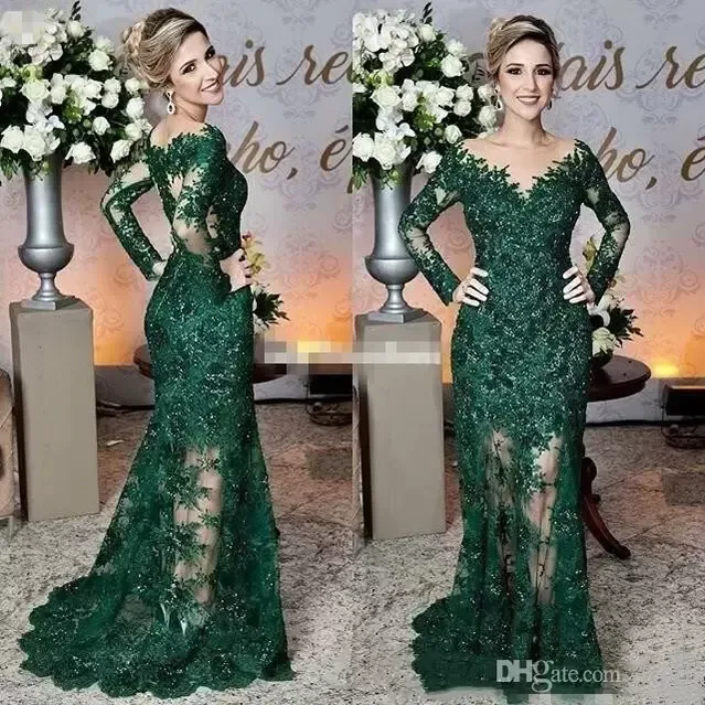 Newest Dark Green Mother of The Bride Dresses Sheer Jewel Neck Lace Appliques Long Sleeve Mermaid Formal Evening Prom Dress VOG343