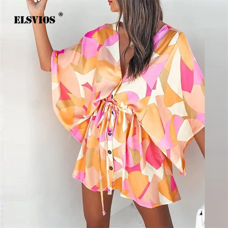 Summer Fashion Printed Sexy V Neck Buttons Drawstring Party Dress Ladies Casual Bat Sleeve Mini Women Elegant es 220629