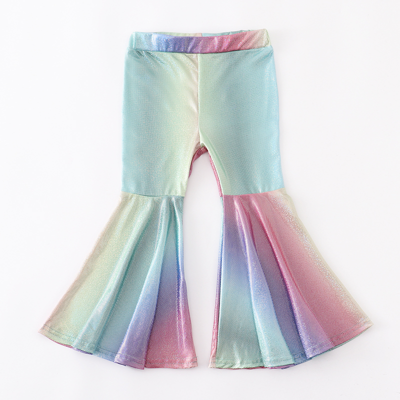 Girlymax Spring/Summer Baby Girls Kidswear Clothes Holographic Tight Flare Bell-bottoms Pants Elastic All-match 220512