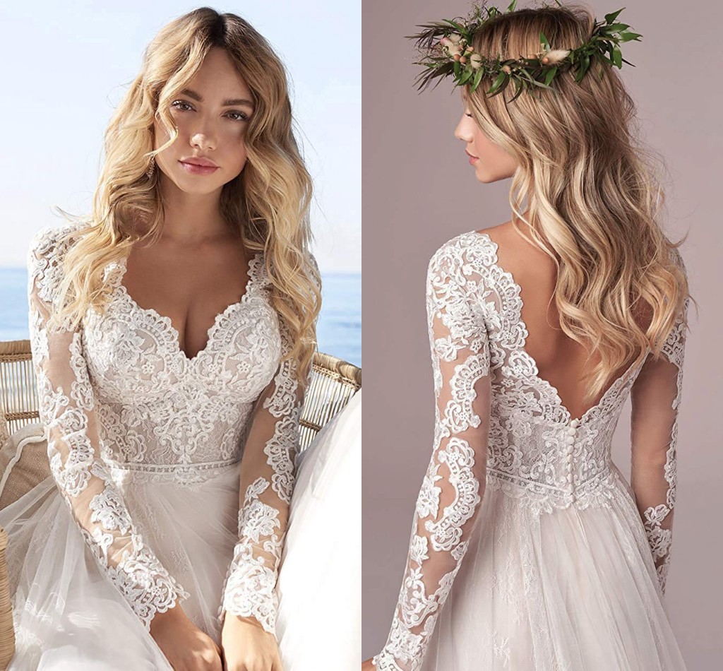 A Line Long Illusion Sleeves Wedding Dresses Lace Bridal Gowns 2022 Tulle Ivory V-neck Backless Vestido De Novia Open Back