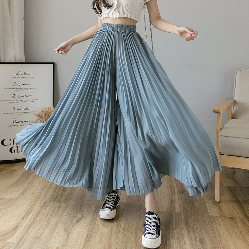 Women Summer Autumn Pleated Loose Pants Fashion Female Chiffon Elastic Waist Skirt Black Blue Wide Leg Femme 220325