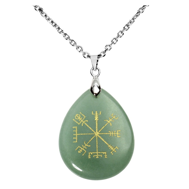 Viking Symbol Rune Vegvisir Compass Talisman Chakra Reiki Healing Crystal Teardrop Tumbled Gem Stone Pendant Necklace Jewelry