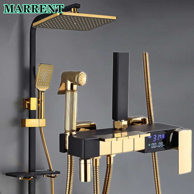 Black Gold Piano Bathroom Shower System Faucets of 12 Inch Rainfall Shower Head Luxury Hot Cold Digital Bath Shower Set
Black Gold Piano Bathroom Shower System Faucets of 12 Inch Rainfall Shower Head Luxury Hot Cold Digital Bath Shower Set
