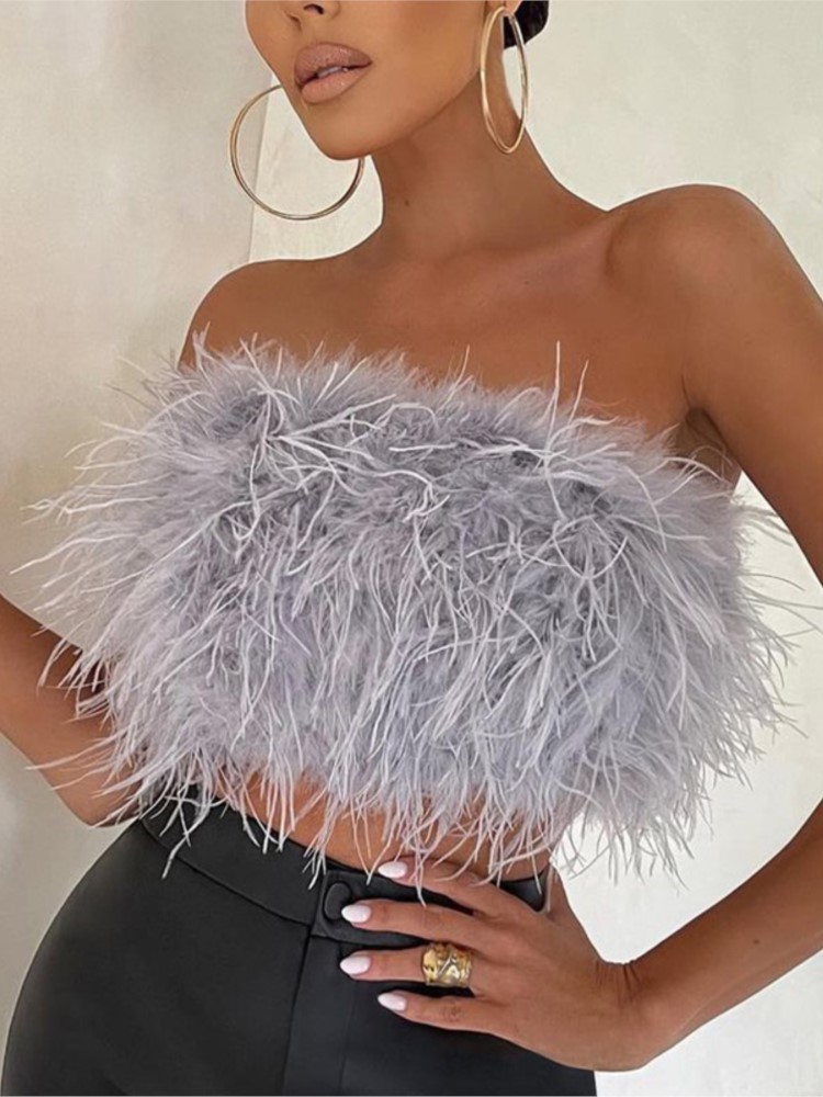 Summer Fashion Women Sexy Fluffy Furry Tube Top Female Trendy Chic All-match Feather Decoration Sleeveless Vest 220316