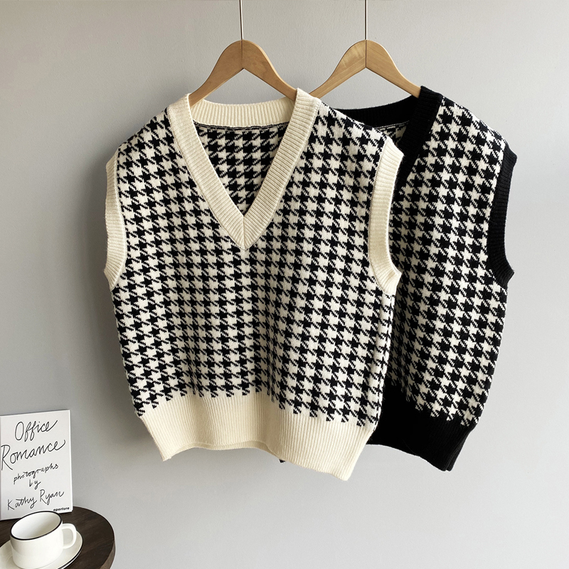 Womens Vests Women Knitted Vest Sweater Houndstooth Loose V Neck Sleeveless a220823