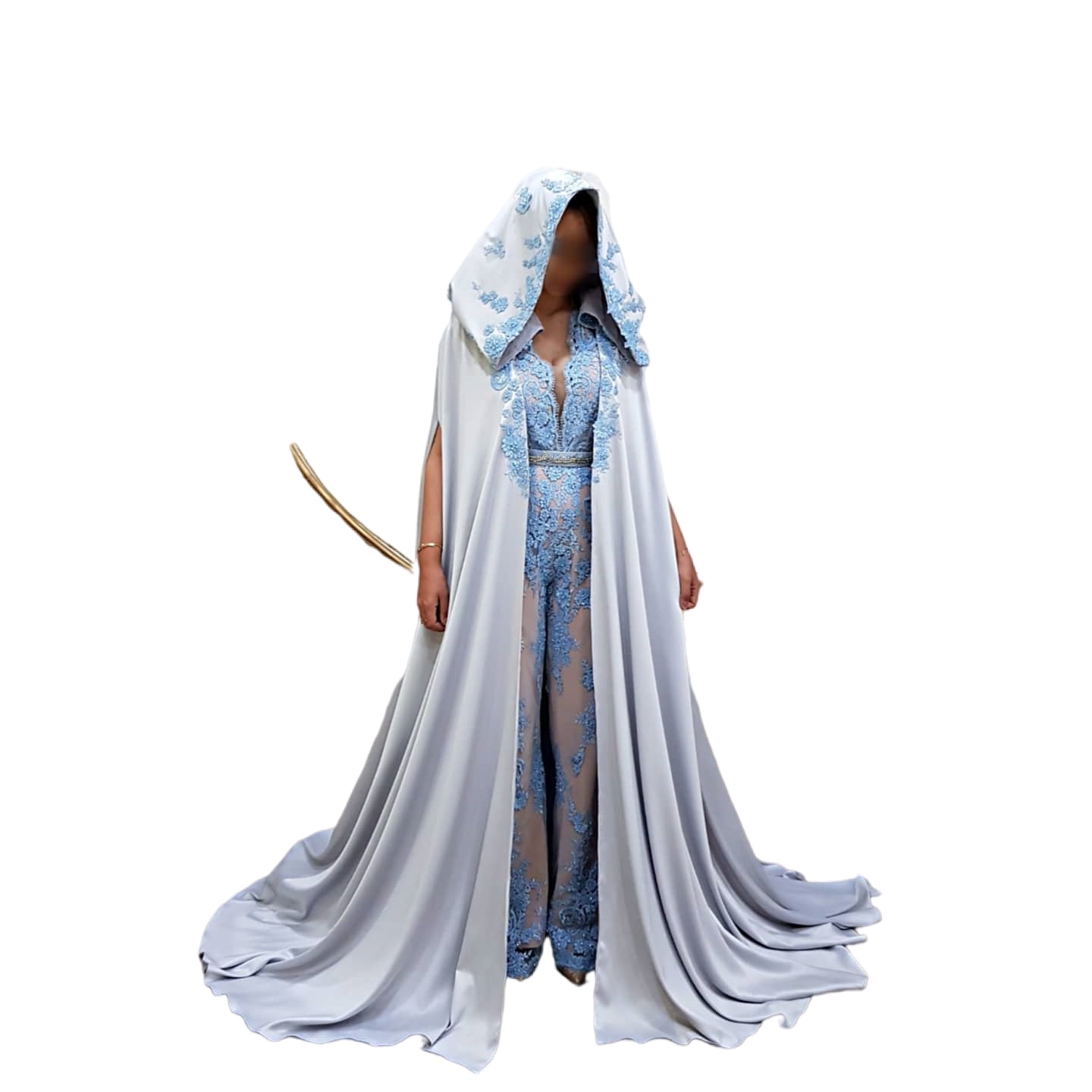 Sky Blue Lace Prom Dresses Jumpsuit with Detachable Train 2022 Karakou Algerian Outfit Coat Caftanalgerien Evening Gown pant