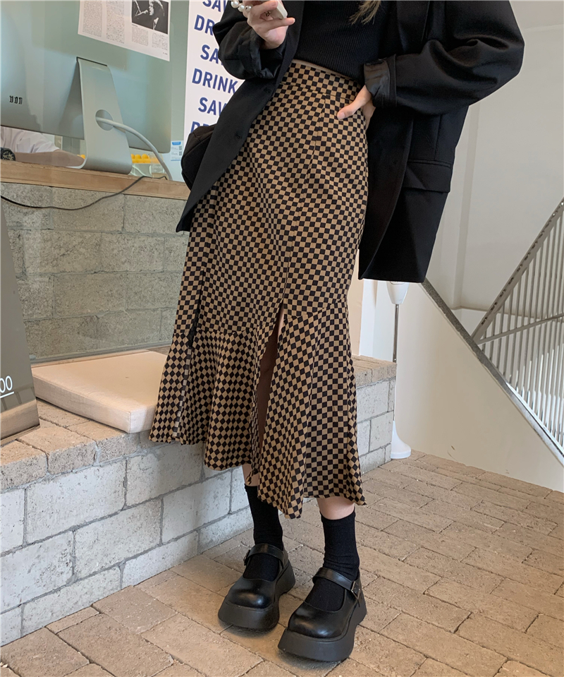Slim Vintage High Waist Plaid Mermaid Skirt Women Split Autumn Mid Faldas Mujer Fashion OL Temperament Trumpet Sexy Street 220322