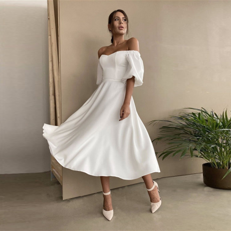 Churses Sexy Slash Neck Backless Midi Dress Autumn Elegant Puff Half Sleeve A-Line Long Party Dresses For Women 220509