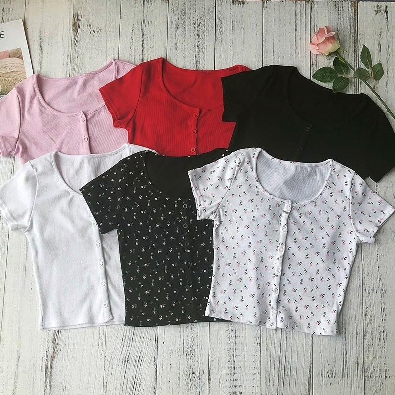 Summer Women Sexy Oneck top tees Floral print short sleeves button Tops tshirts cotton Black white Crop Top slim short T shirt Y200412
Summer Women Sexy Oneck top tees Floral print short sleeves button Tops tshirts cotton Black white Crop Top slim short T shirt Y200412